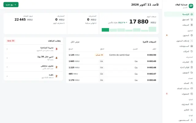 الرئيسية: مبيعات اليوم، ديون الزبائن، المنتجات التي يجب معالجتها