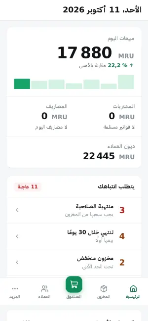 الرئيسية: مبيعات اليوم، ديون الزبائن، المنتجات التي يجب معالجتها