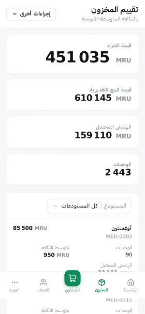 قيمة المخزون، بسعر الشراء وسعر البيع