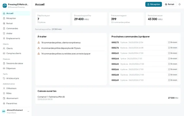 L’accueil : dépôts et encaissements du jour, pièces en magasin, ce qui reste à traiter