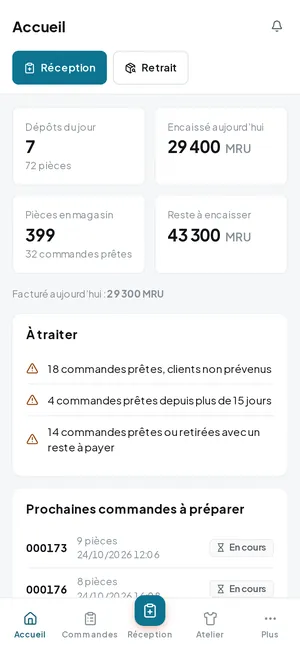 L’accueil : dépôts et encaissements du jour, pièces en magasin, ce qui reste à traiter