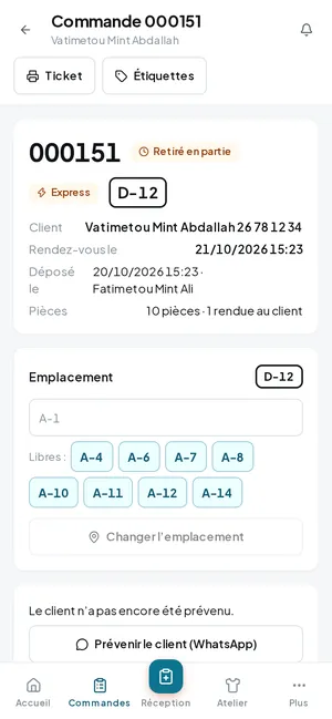 Une commande : ses pièces, son emplacement, le solde et le retrait