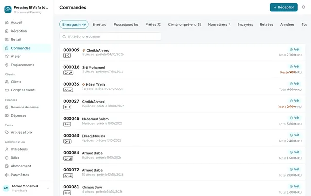 Les commandes : en magasin, en retard, prêtes, impayées