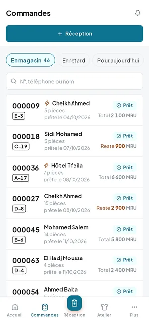 Les commandes : en magasin, en retard, prêtes, impayées