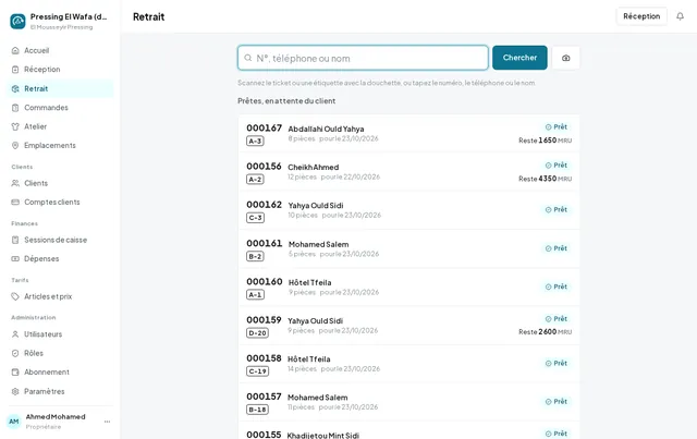 Le retrait : scanner le ticket, ou choisir parmi les commandes prêtes