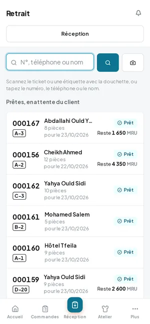 Le retrait : scanner le ticket, ou choisir parmi les commandes prêtes