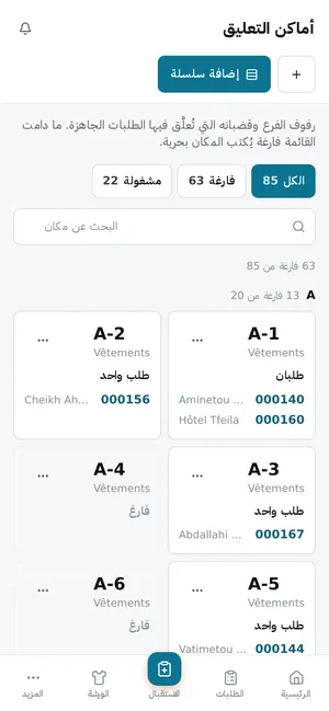 أماكن التعليق، مع الطلبات المعلّقة في كل منها