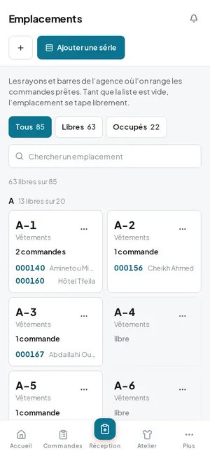 Les emplacements, avec les commandes rangées sur chacun