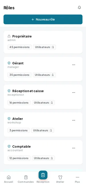 Les rôles : réception, atelier, comptable