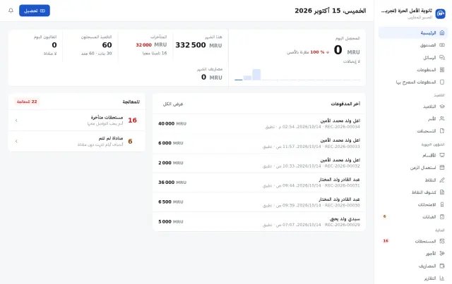 الرئيسية: المحصل اليوم وهذا الشهر، المتأخرات، التلاميذ، وما يجب معالجته
