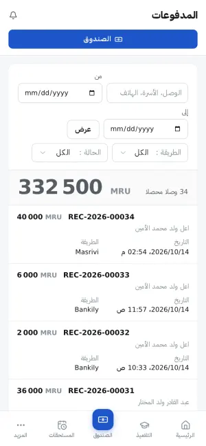 المدفوعات، حسب التاريخ ووسيلة الدفع