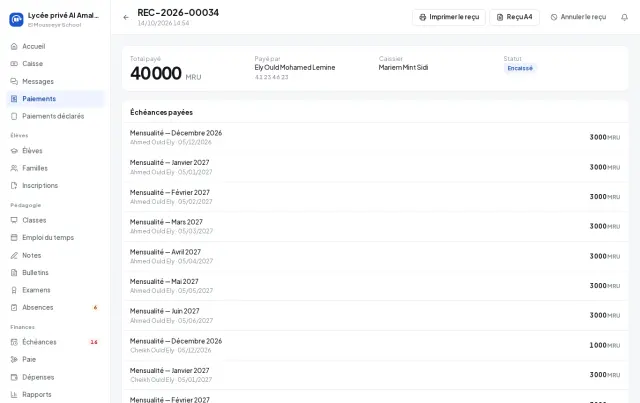 Un reçu, avec les échéances qu’il a payées