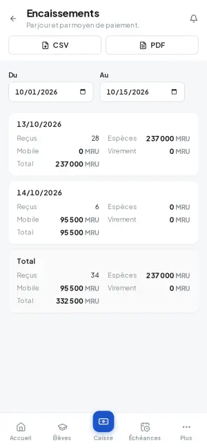 A report: payments collected by day and method