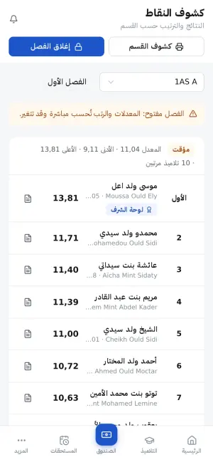 كشوف النتائج: ترتيب القسم ولوحة الشرف