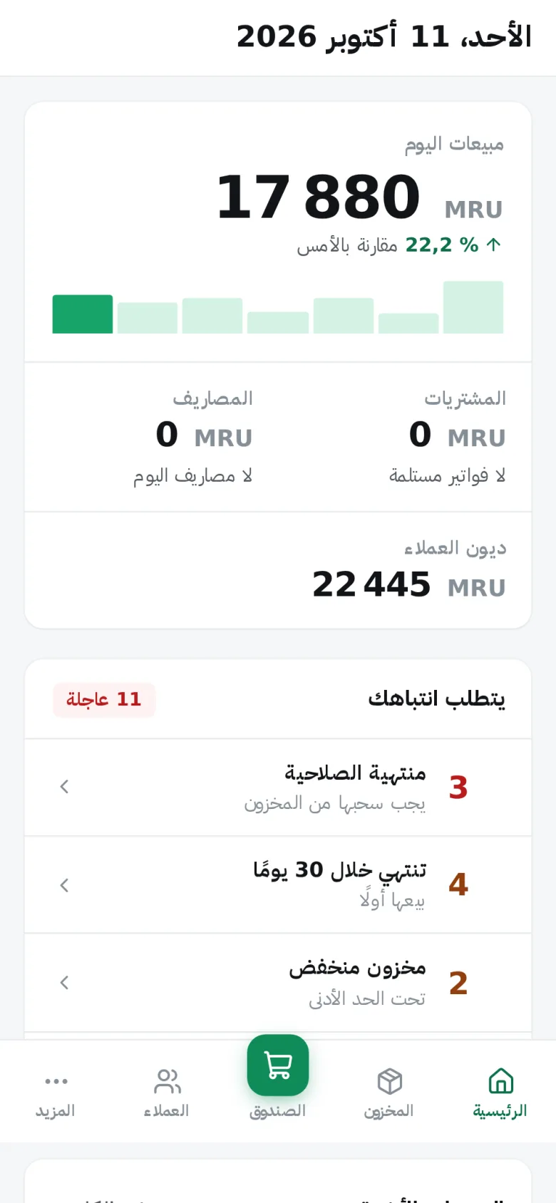 المسير صيدلية على الهاتف: مبيعات اليوم وتنبيهات المخزون.