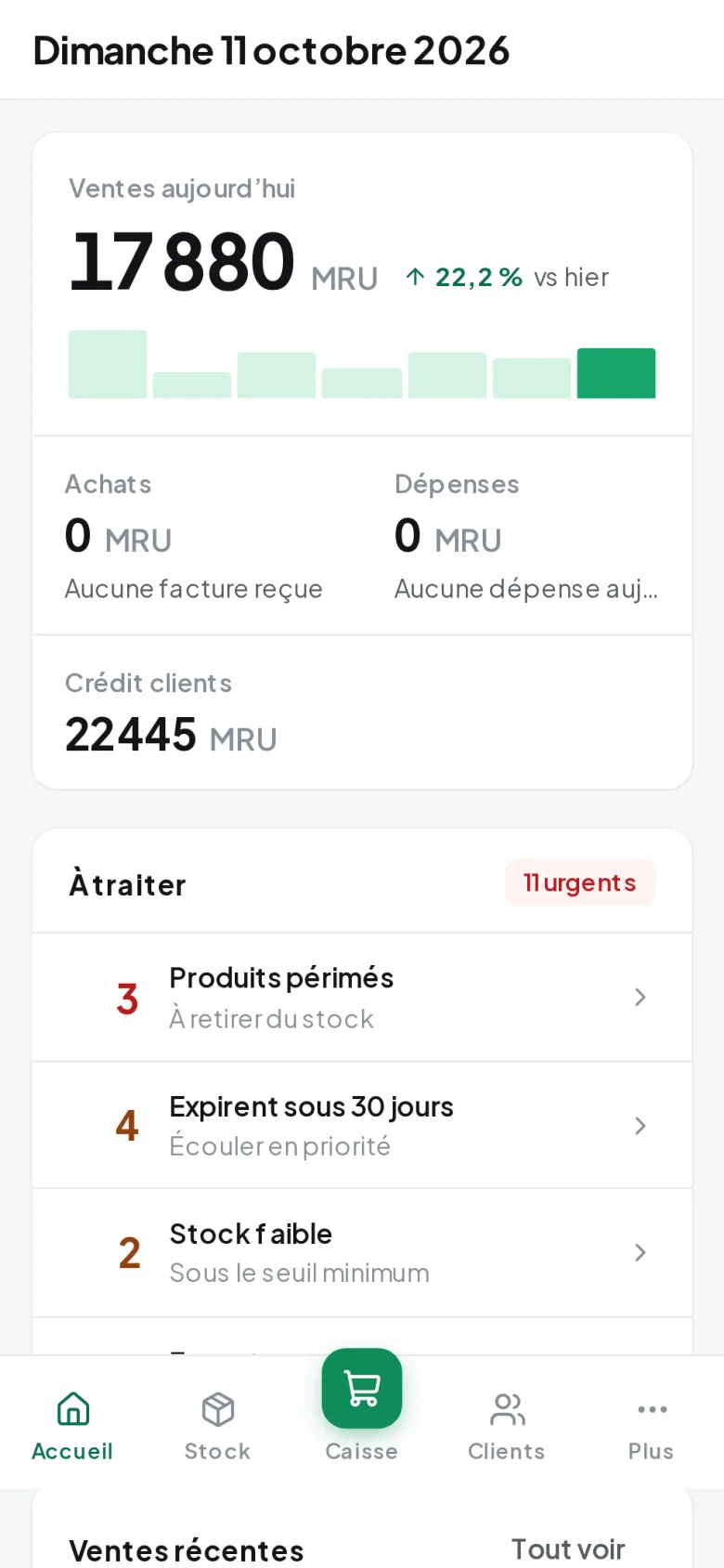El Mousseyir Pharma sur téléphone : les ventes du jour et les alertes de stock.