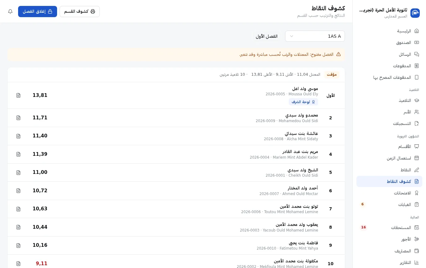 المسير مدرسة: ترتيب قسم في الفصل الأول، بالأسماء العربية والفرنسية.